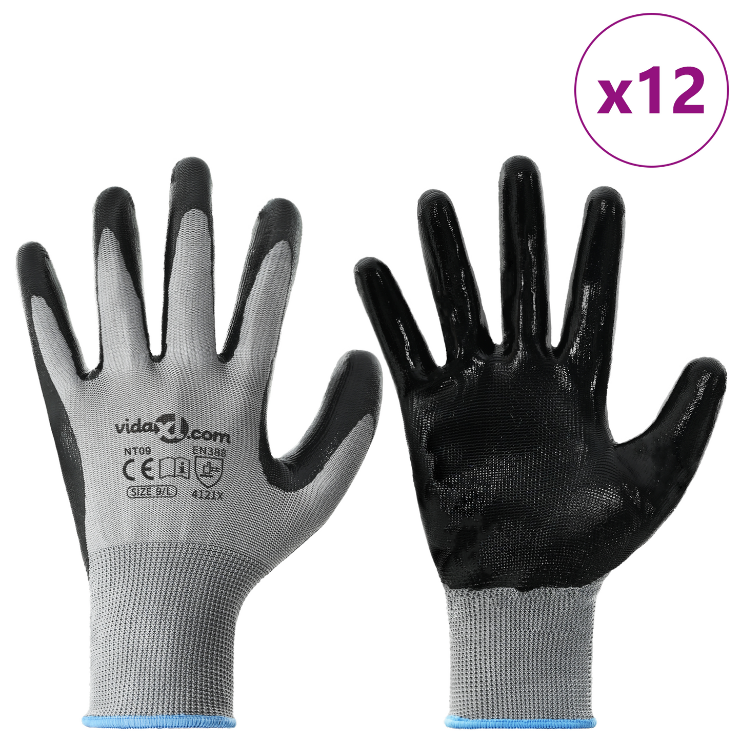 Work Gloves 12 pcs Grey and Black 9 / L Polyester
