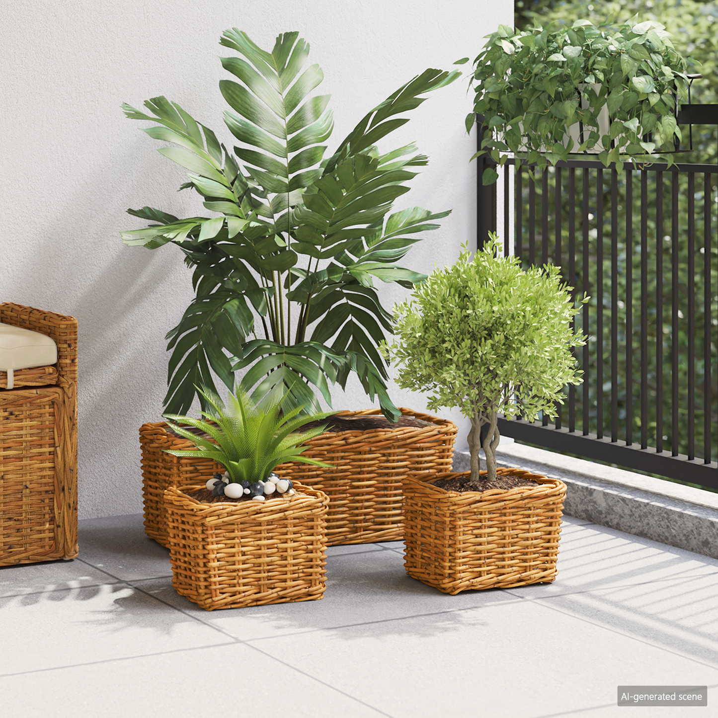 Planter Basket with Storage 3 pcs Natural Brown Kubu Rattan
