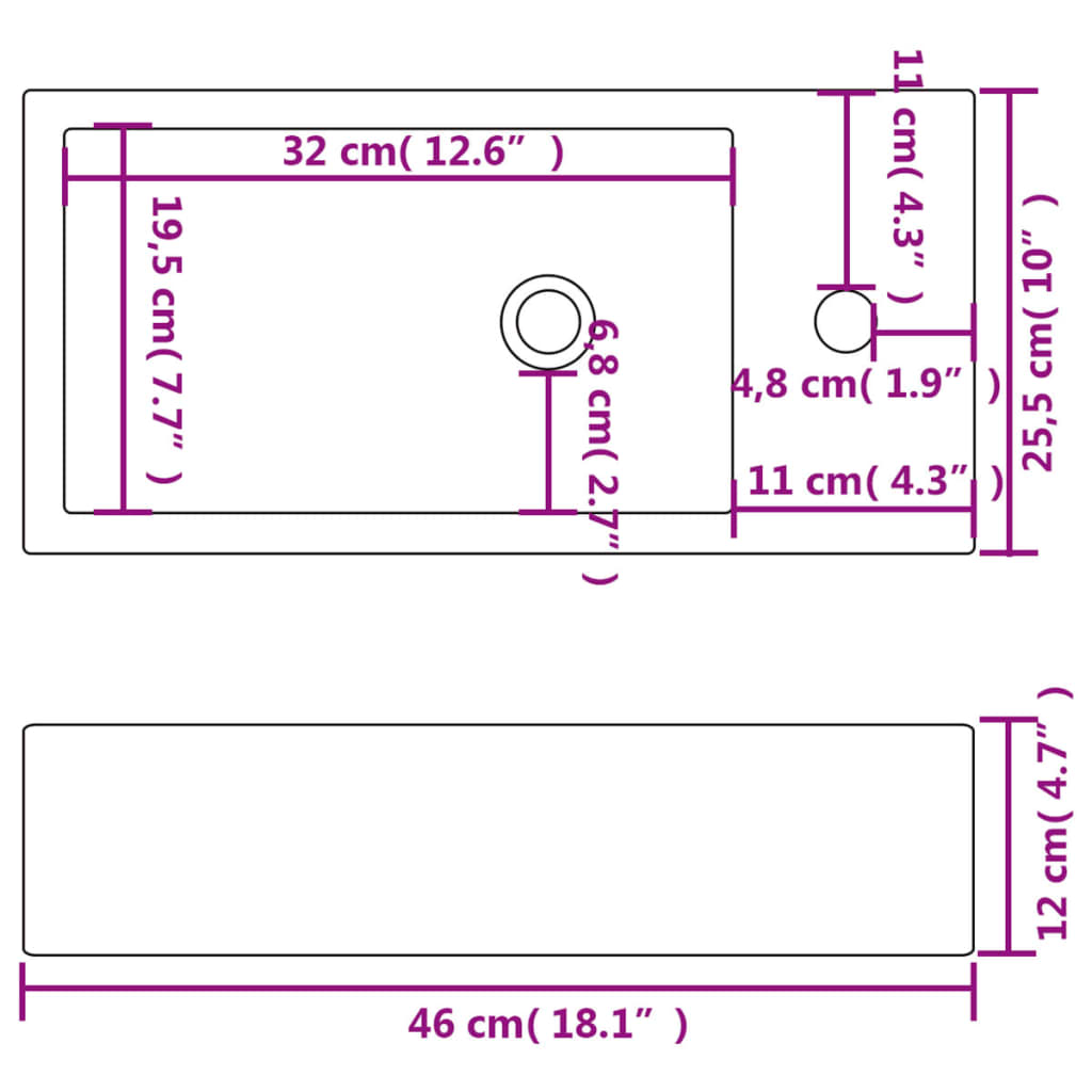 Basin with Faucet Hole Rectangular Ceramic White 46x25.5x12 cm