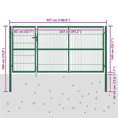 Garden Fence Gate with Posts 350x140 cm Steel Green