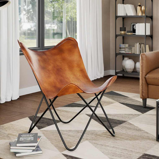 Butterfly Chair | Brown | Real leather, Powder-coated iron | Standard