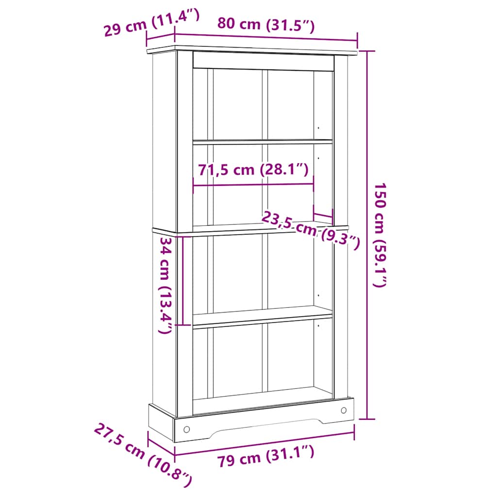 4-Tier Bookcase Mexican Pine Corona Range 80x29x150 cm