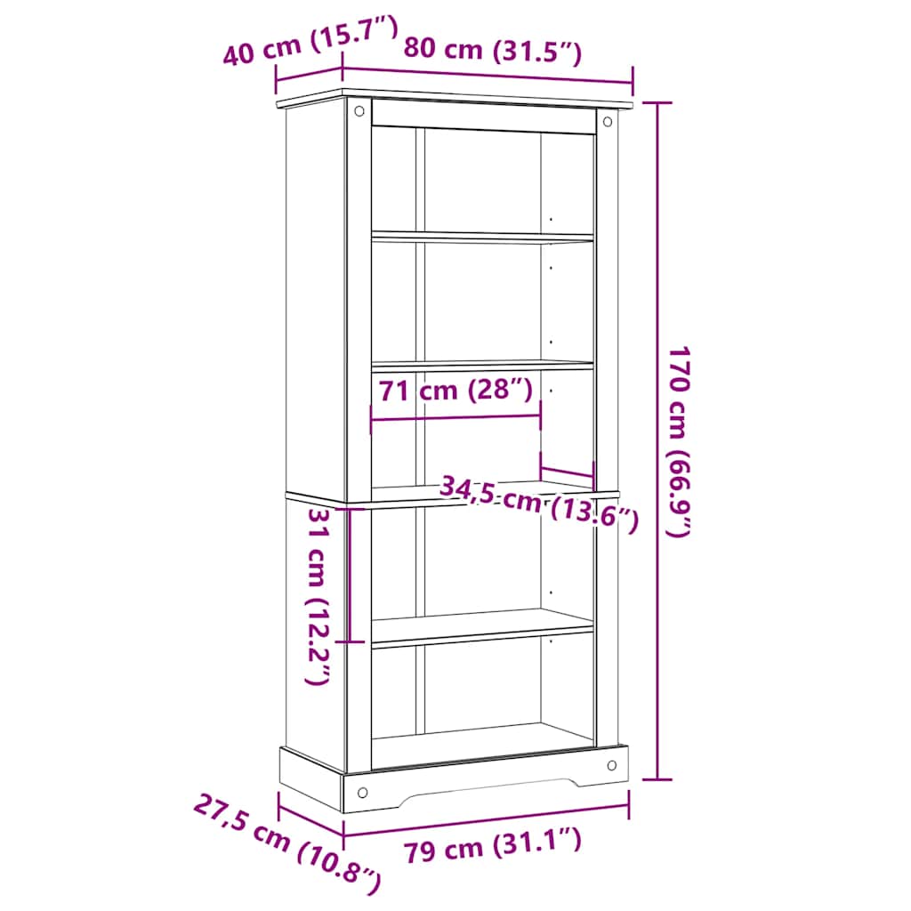 5-Tier Bookcase Mexican Pine Corona Range 80x40x170 cm