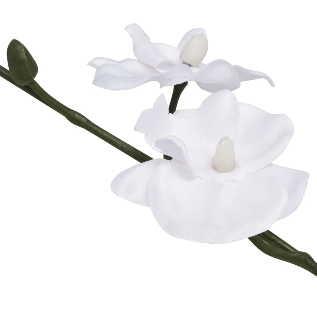 Close-up of Artificial Orchid Plant with Pot 30 cm White, highlighting the lifelike flowers and vibrant leaves in a stylish interior setting.
