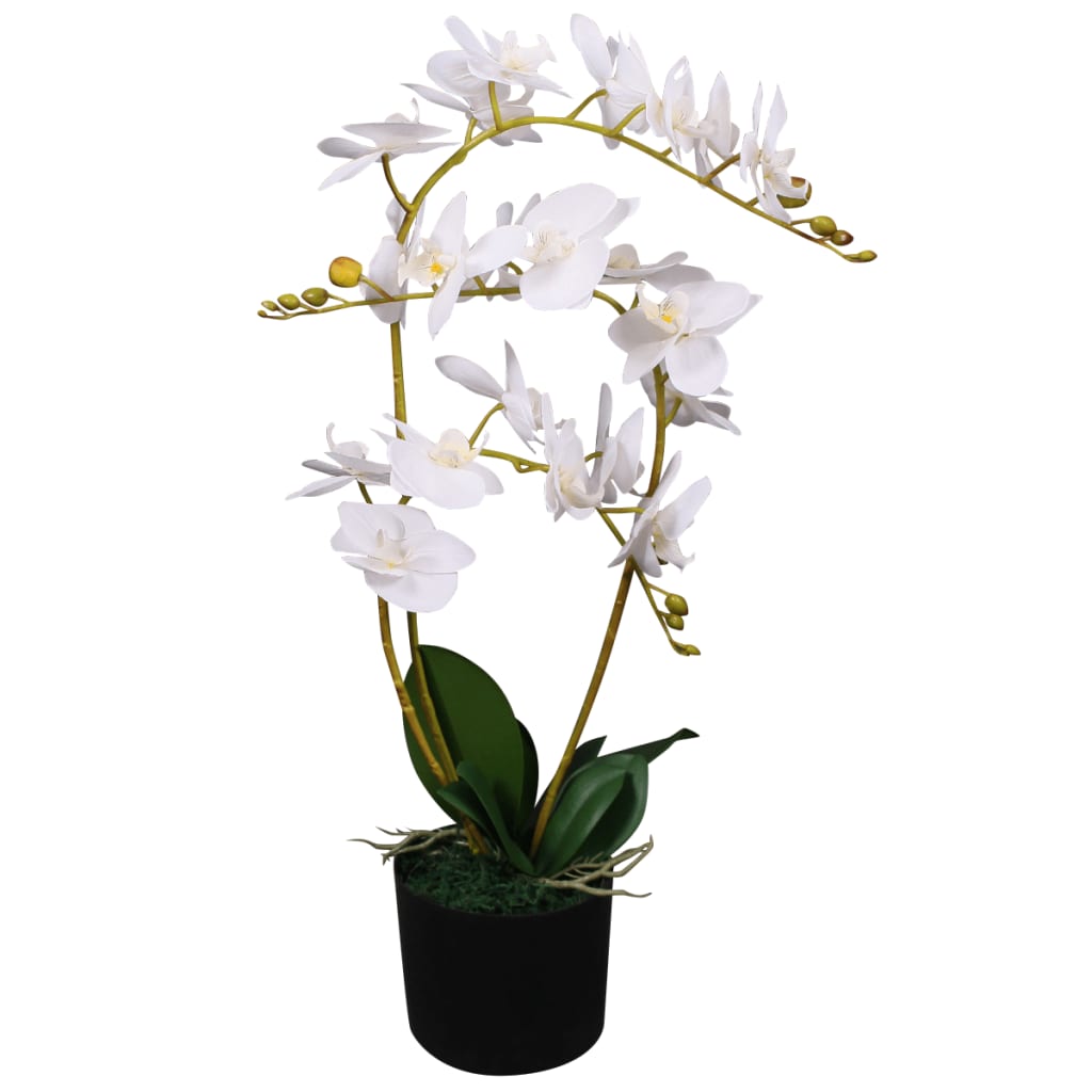 Beautiful Artificial Orchid Plant with Pot 65 cm White, featuring 21 lifelike flowers and 4 textured leaves for realistic home or office decor.