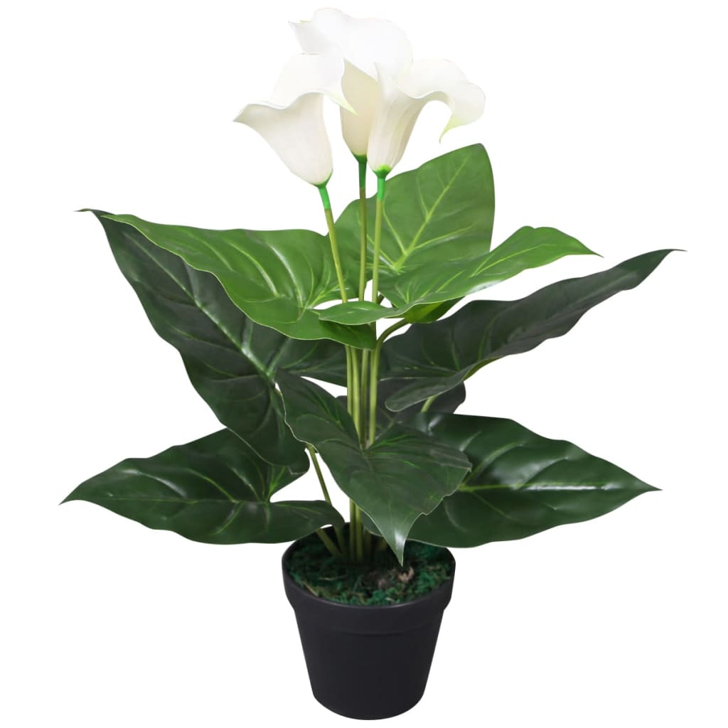 Lifelike artificial Calla Lily Plant with pot, 45 cm high, featuring 3 white flowers and 9 realistic leaves, perfect for home or office decor.