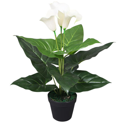 Lifelike artificial Calla Lily Plant with pot, 45 cm high, featuring 3 white flowers and 9 realistic leaves, perfect for home or office decor.