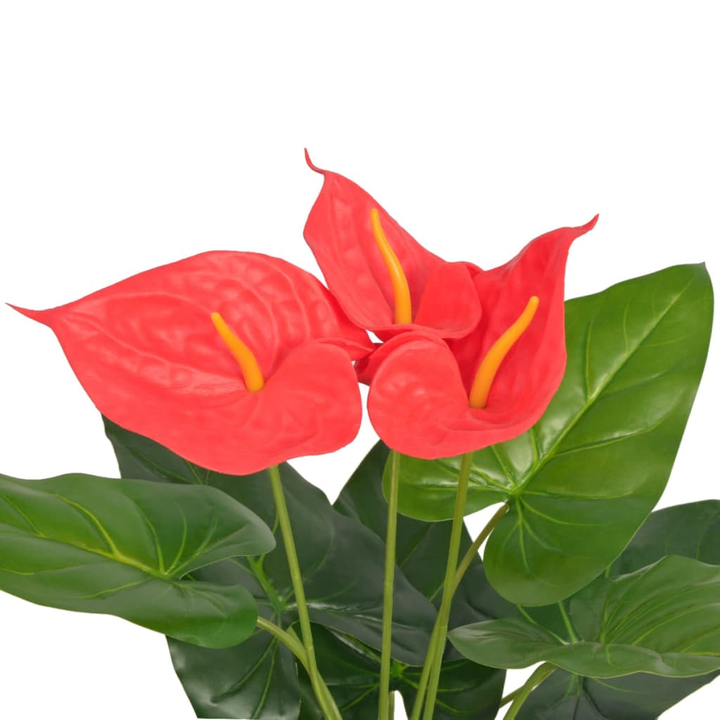 Close-up of the Artificial Anthurium Plant with Pot 45 cm Red and Yellow, showcasing the detailed leaves and bright red and yellow flowers.