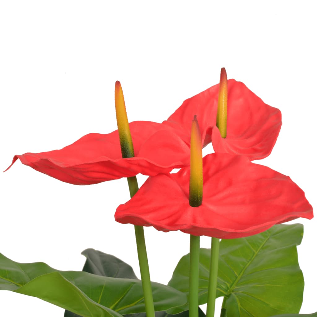 Detailed view of Artificial Anthurium Plant with Pot 90 cm Red and Yellow, featuring lifelike leaves and sturdy real wood trunk, ideal for low-maintenance floral decoration.