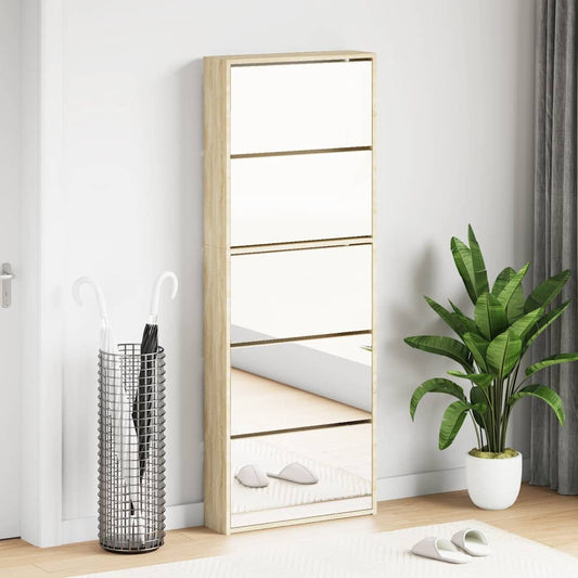 Shoe Cabinet 5-Layer Mirror Oak 63x17x169,5 cm