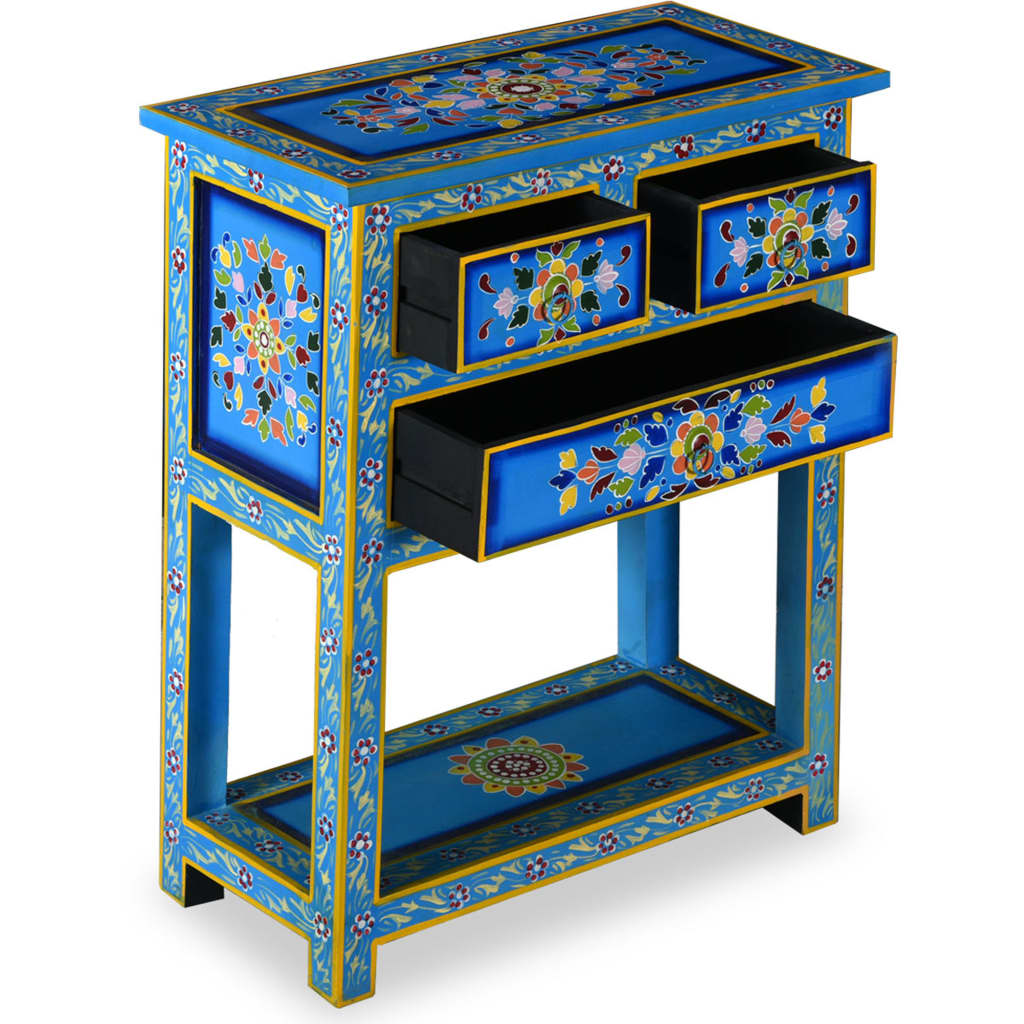 Sideboard with Drawers Solid Mango Wood Turquoise Hand Painted