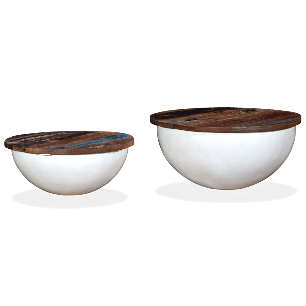 Coffee Table Set 2 Pieces Solid Reclaimed Wood White Bowl Shape