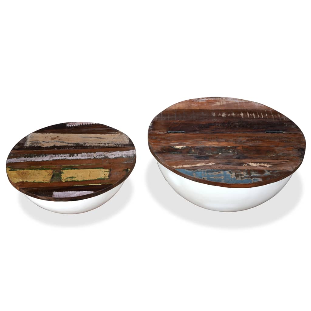 Coffee Table Set 2 Pieces Solid Reclaimed Wood White Bowl Shape