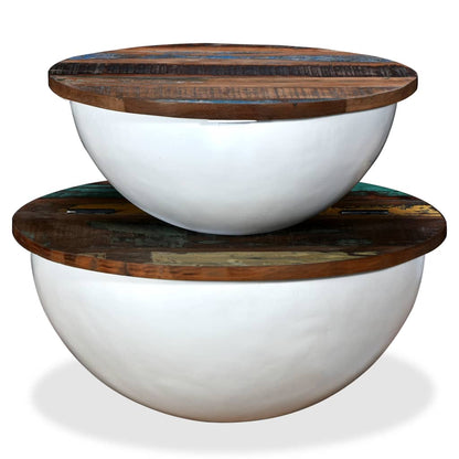 Coffee Table Set 2 Pieces Solid Reclaimed Wood White Bowl Shape