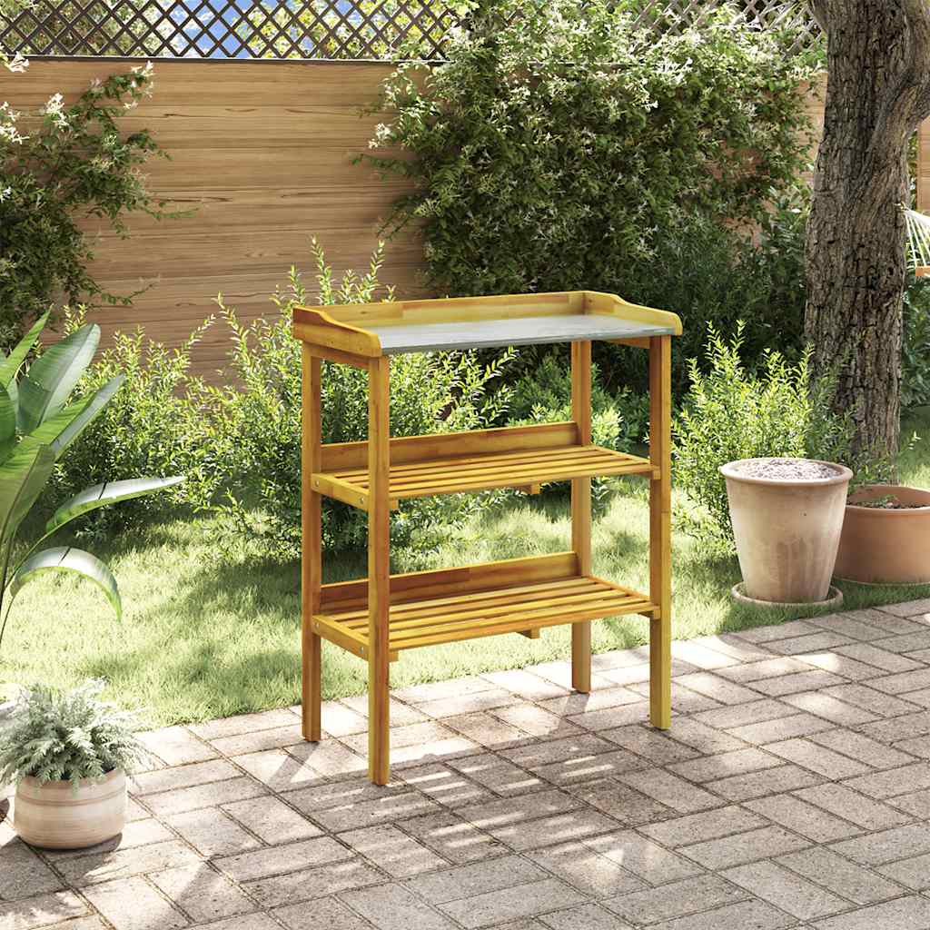 43795 vidaXL Potting Bench with 2 Shelves Solid Acacia Wood and Zinc