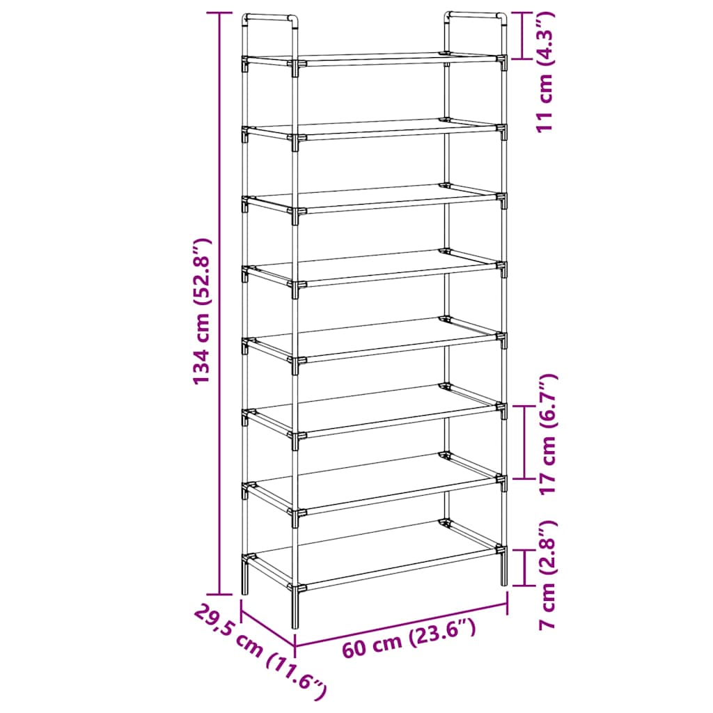 Shoe Rack with 8 Shelves Metal and Non-woven Fabric Black