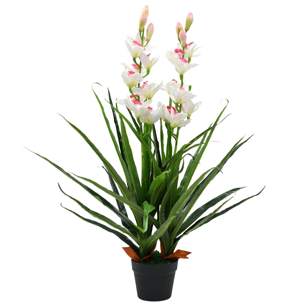Artificial Cymbidium Orchid Plant with Pot 100 cm Green, showcasing a stunning arrangement with 36 vibrant green leaves and 18 beautiful realistic flowers.