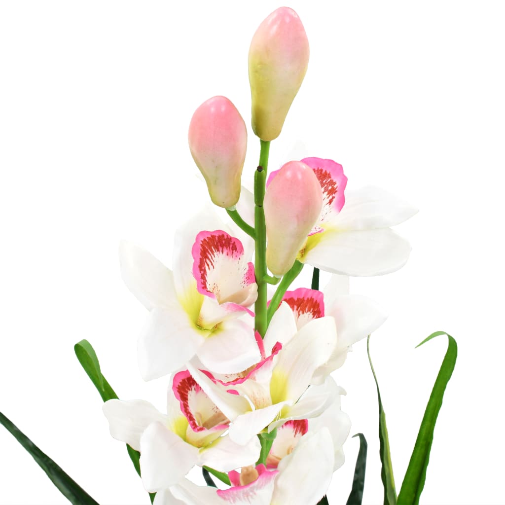 Close-up view of the Artificial Cymbidium Orchid Plant with Pot 100 cm Green, highlighting the intricate details of the fabric flowers and lifelike appearance.