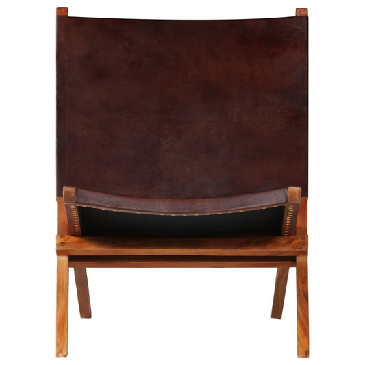 Folding Relaxing Chair Brown Real Leather