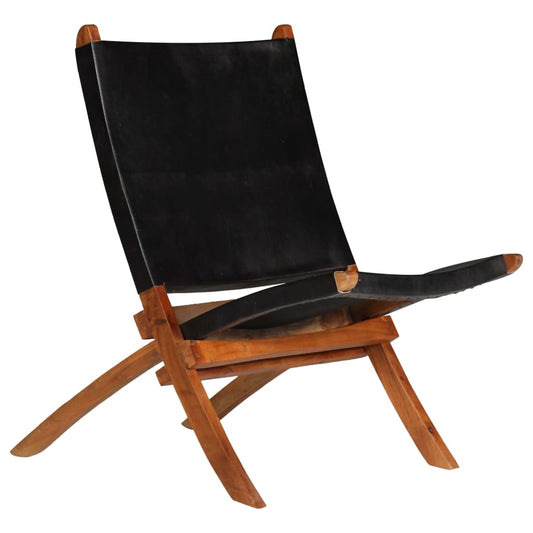 Folding Chair Black Real Leather
