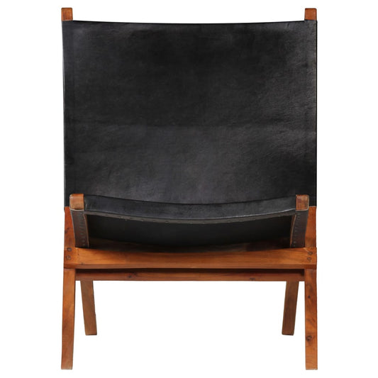 Folding Relaxing Chair Black Real Leather