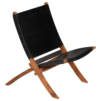 Folding Chair Black Real Leather
