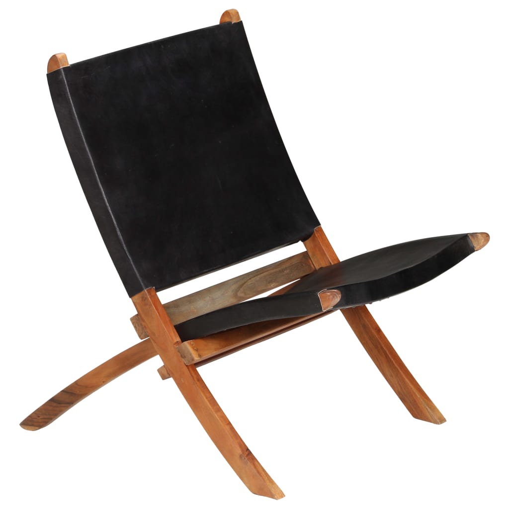 Folding Chair Black Real Leather