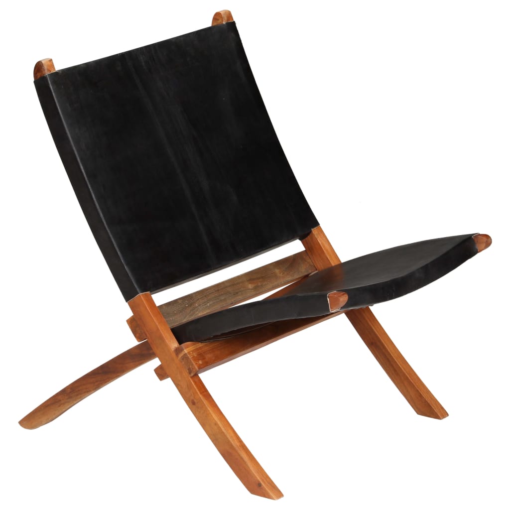Folding Chair Black Real Leather