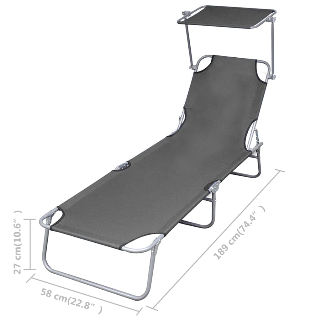 Sunlounger | Grey | Powder-coated steel | 189 x 58 x 27 cm | Foldable