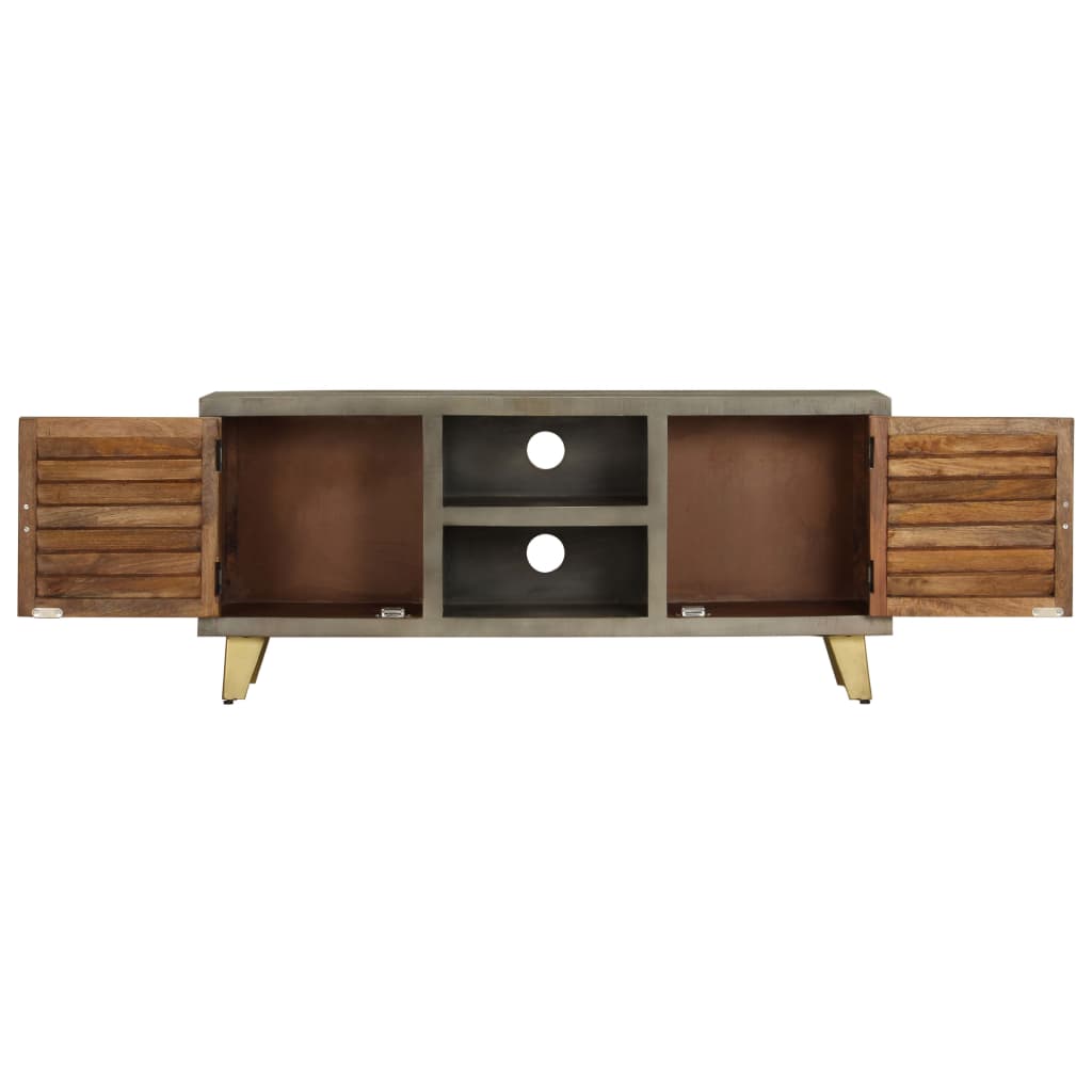 246681 vidaXL TV Cabinet Solid Mango Wood Grey with Brass 110x30x48 cm