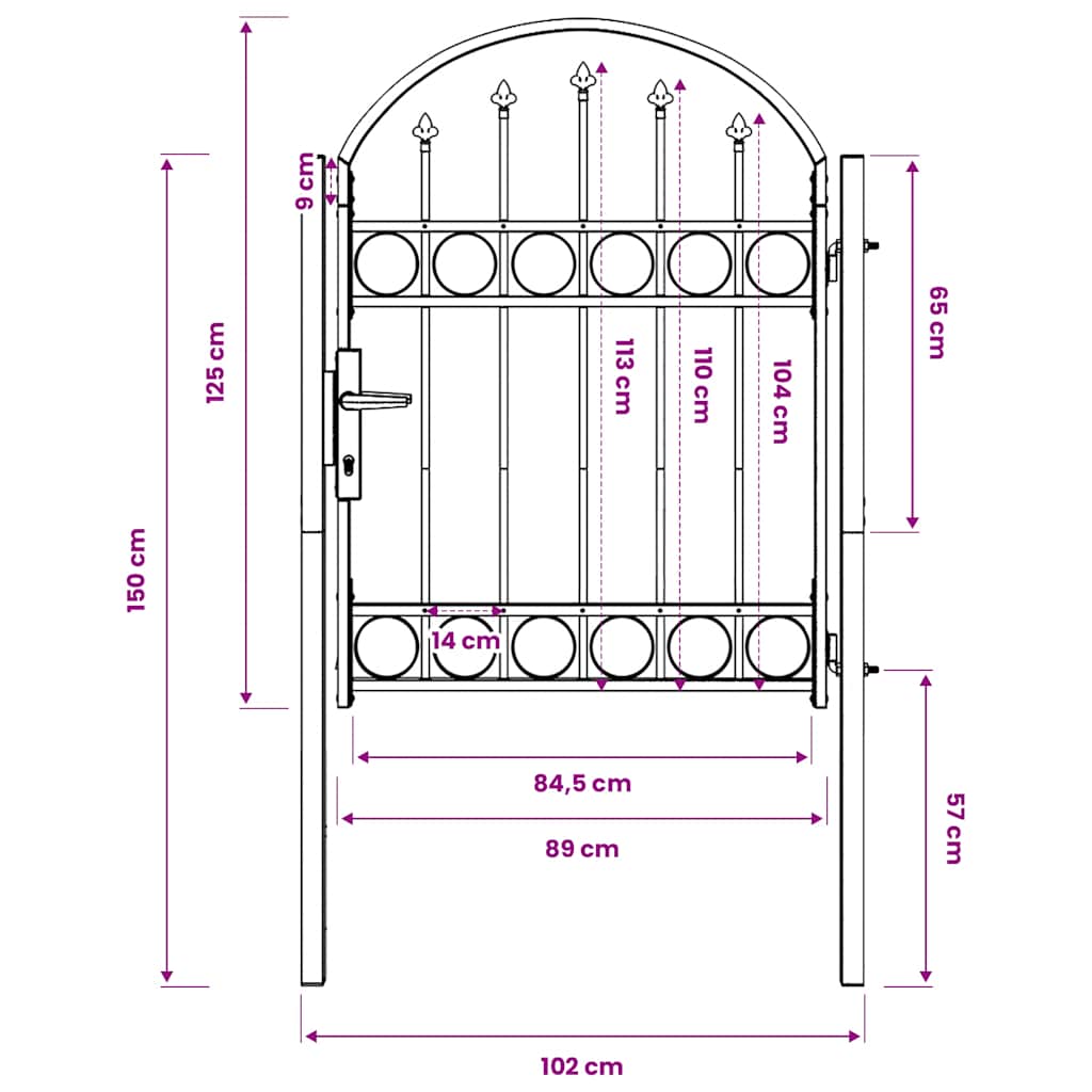 Fence Gate with Arched Top Steel 104x125 cm Black