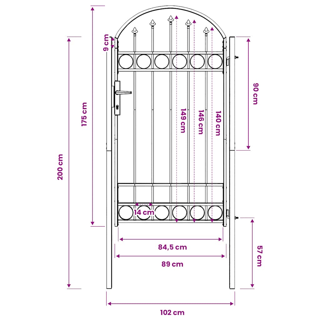 Fence Gate with Arched Top Steel 104x175 cm Black
