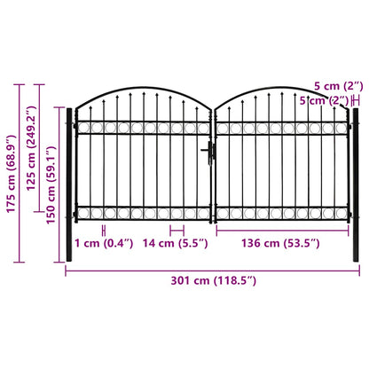Fence Gate Double Door with Arched Top Steel 300x125 cm Black