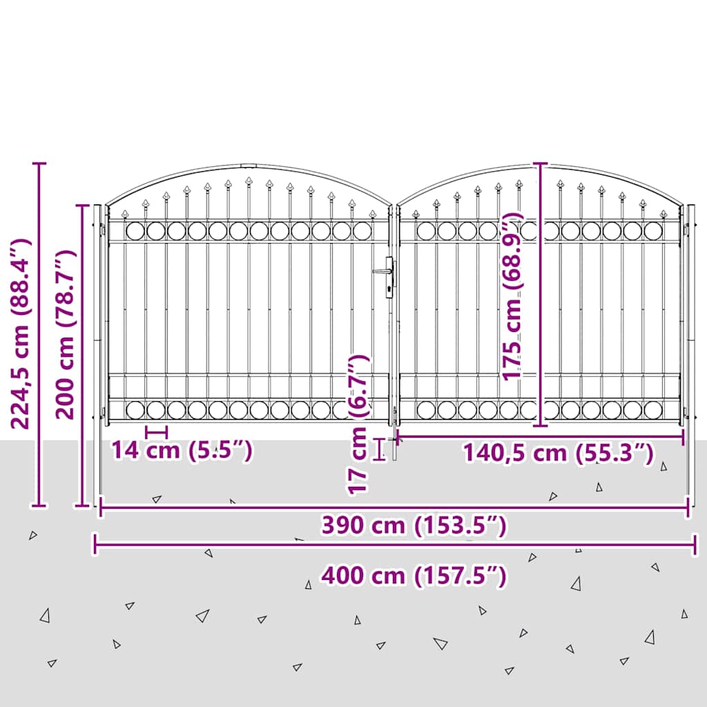 Fence Gate ASSEN Double Door with Arched Top Steel 400x175 cm