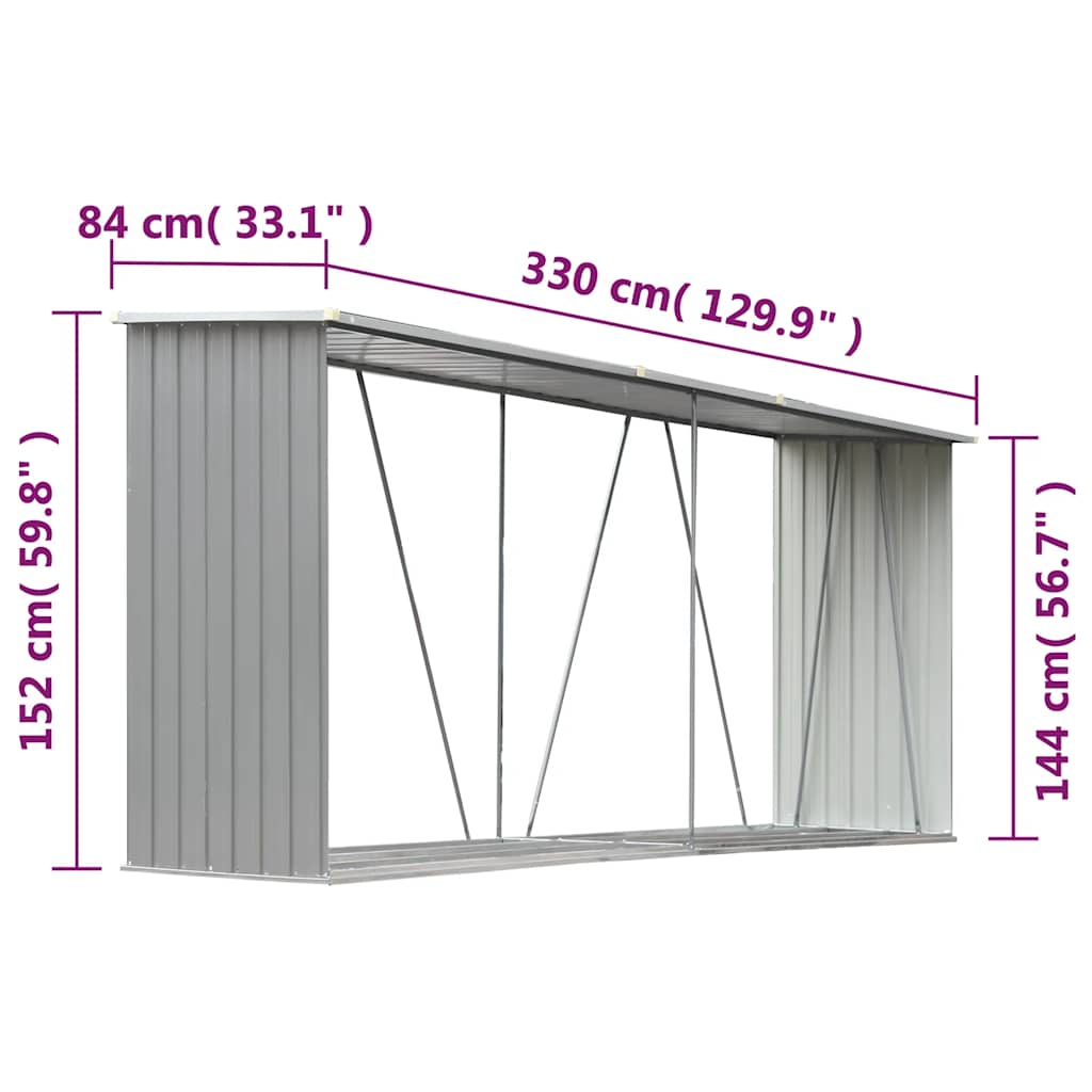 Garden Log Storage Shed Galvanised Steel 330x84x152 cm Grey