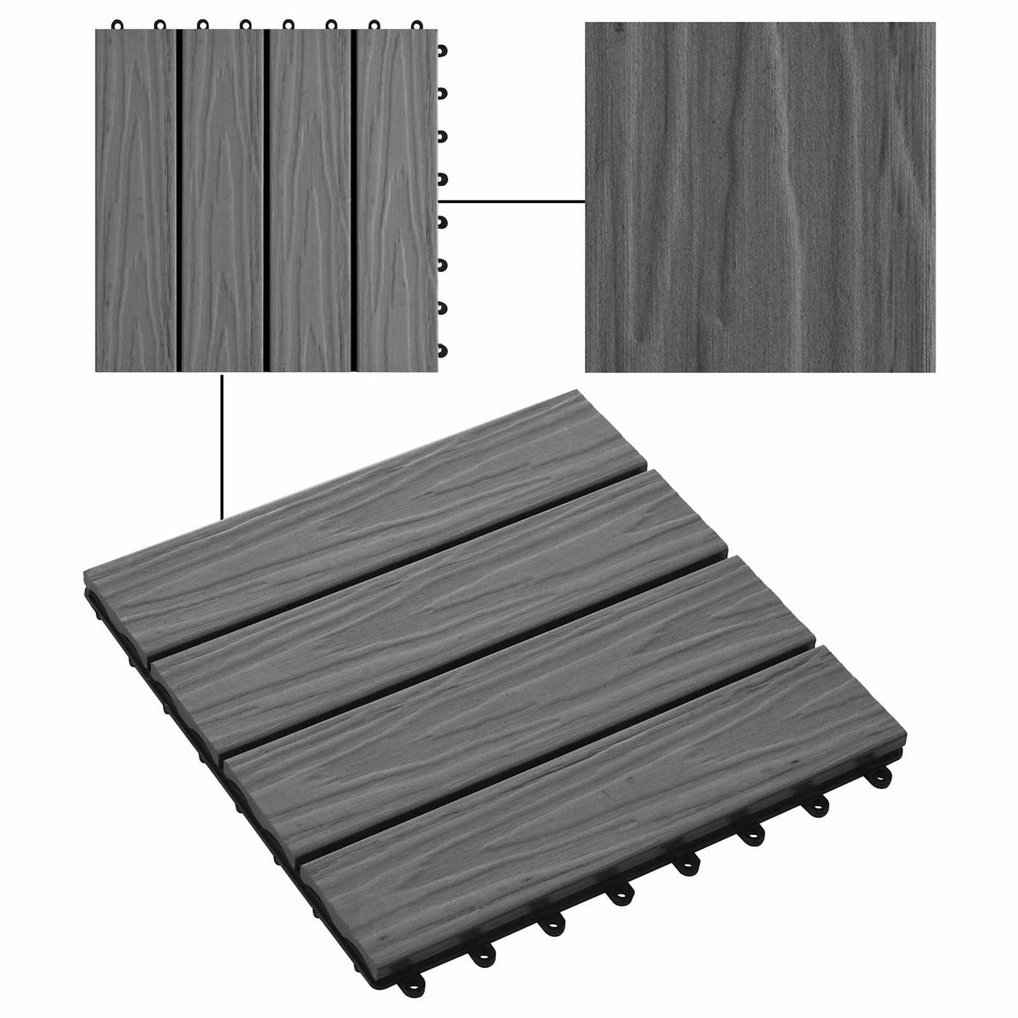 Decking Tile 3D Design 11 pcs Grey 30 x 30 cm WPC