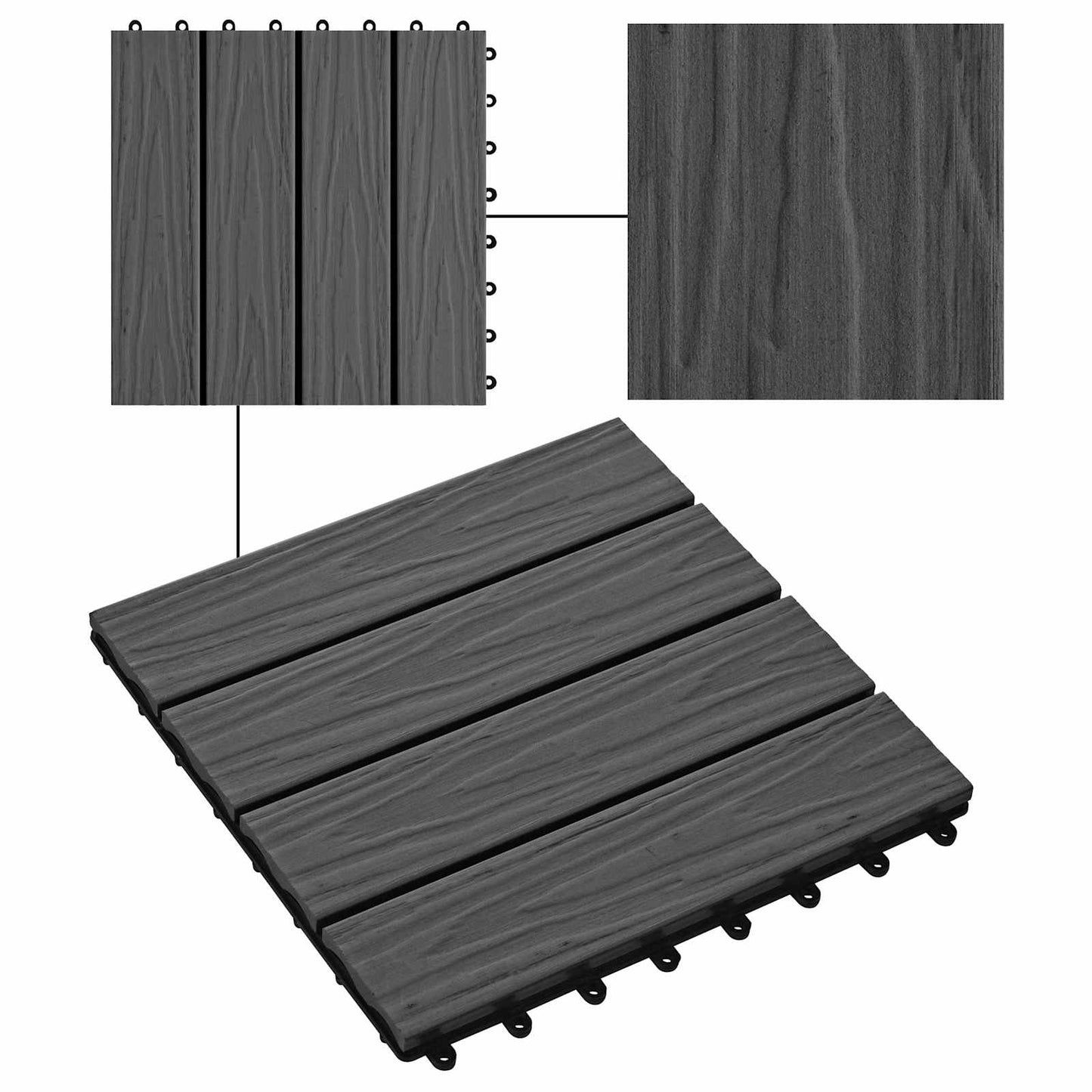 Decking Tile 3D Design 11 pcs Black 30 x 30 cm WPC