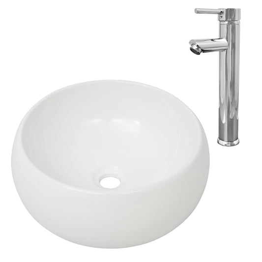 Bathroom Basin with Mixer Tap Ceramic Round White