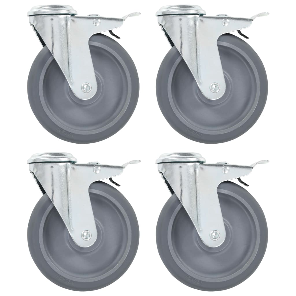 Bolt Hole Swivel Casters with Double Brakes 4 pcs 125 mm