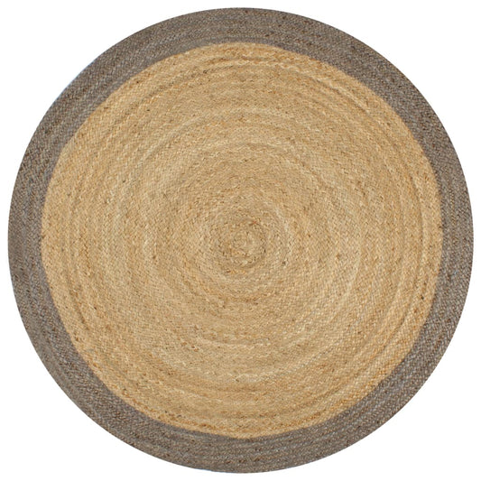 Area Rug | Natural and Grey | Braided Jute | 90 cm | Decorative Inlays