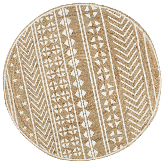 Area Rug | Natural and White | Braided Jute | 120 cm diameter | Pattern