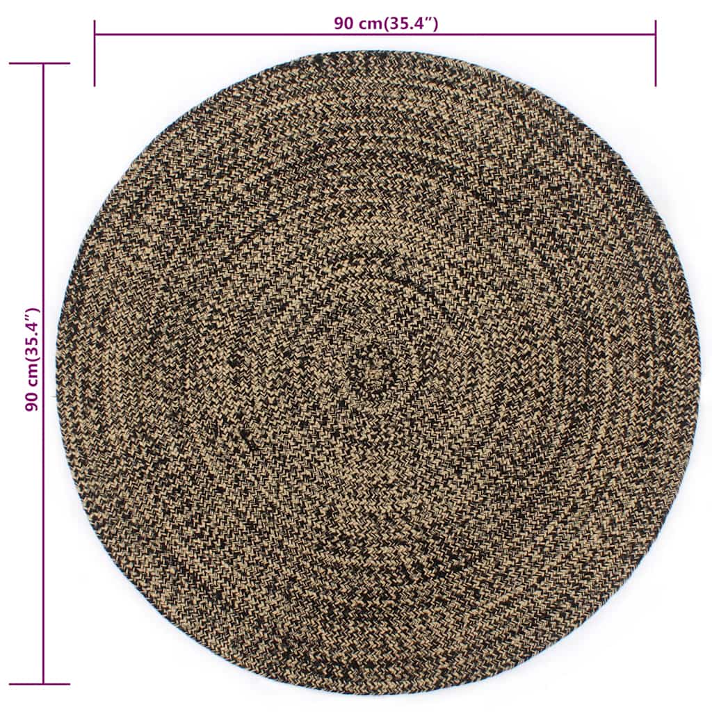 Area Rug | Black and natural | Jute and cotton | 90 cm diameter | Durable