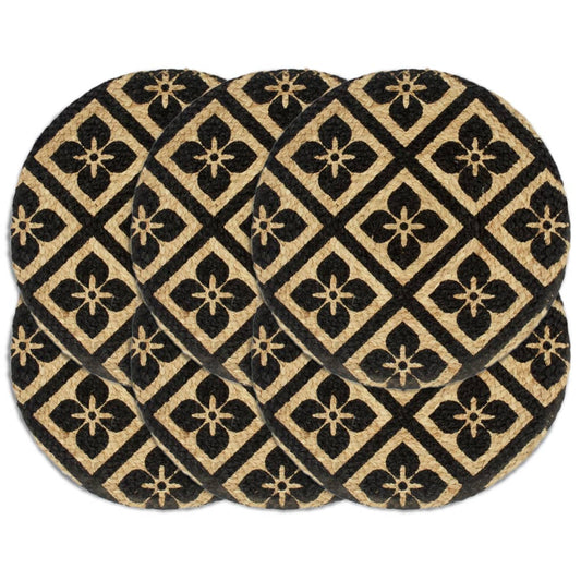 Placemat | Set of 6 | Black | Jute | 38 cm diameter | Non-slip | Placemat