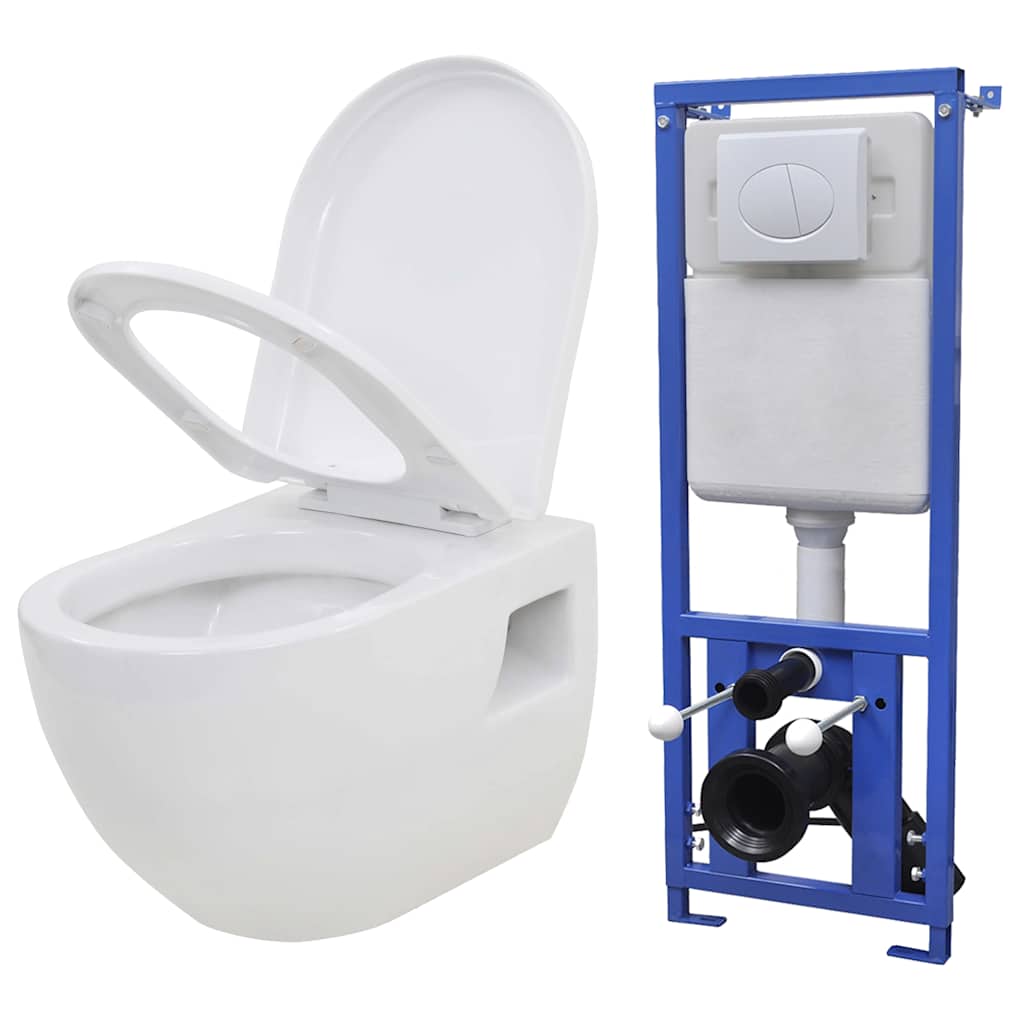 275791 vidaXL Wall-Hung Toilet with Concealed Cistern Ceramic White (143022+142249)