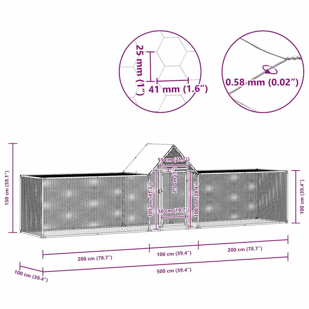Chicken Coop 5x1x1.5 m Galvanised Steel
