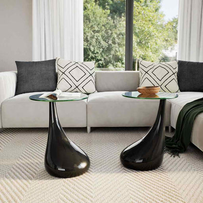 Coffee Table 2 pcs with Round Glass Top High Gloss Black