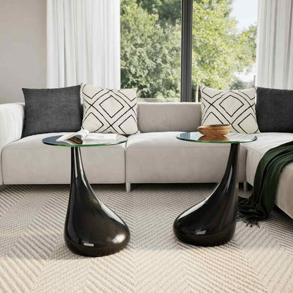 Coffee Table 2 pcs with Round Glass Top High Gloss Black