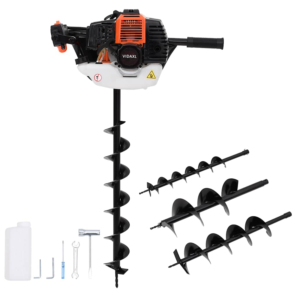 Auger Ground Drill Orange with 52 cc gasoline engine displayed outdoors for tree planting and fence post setting.