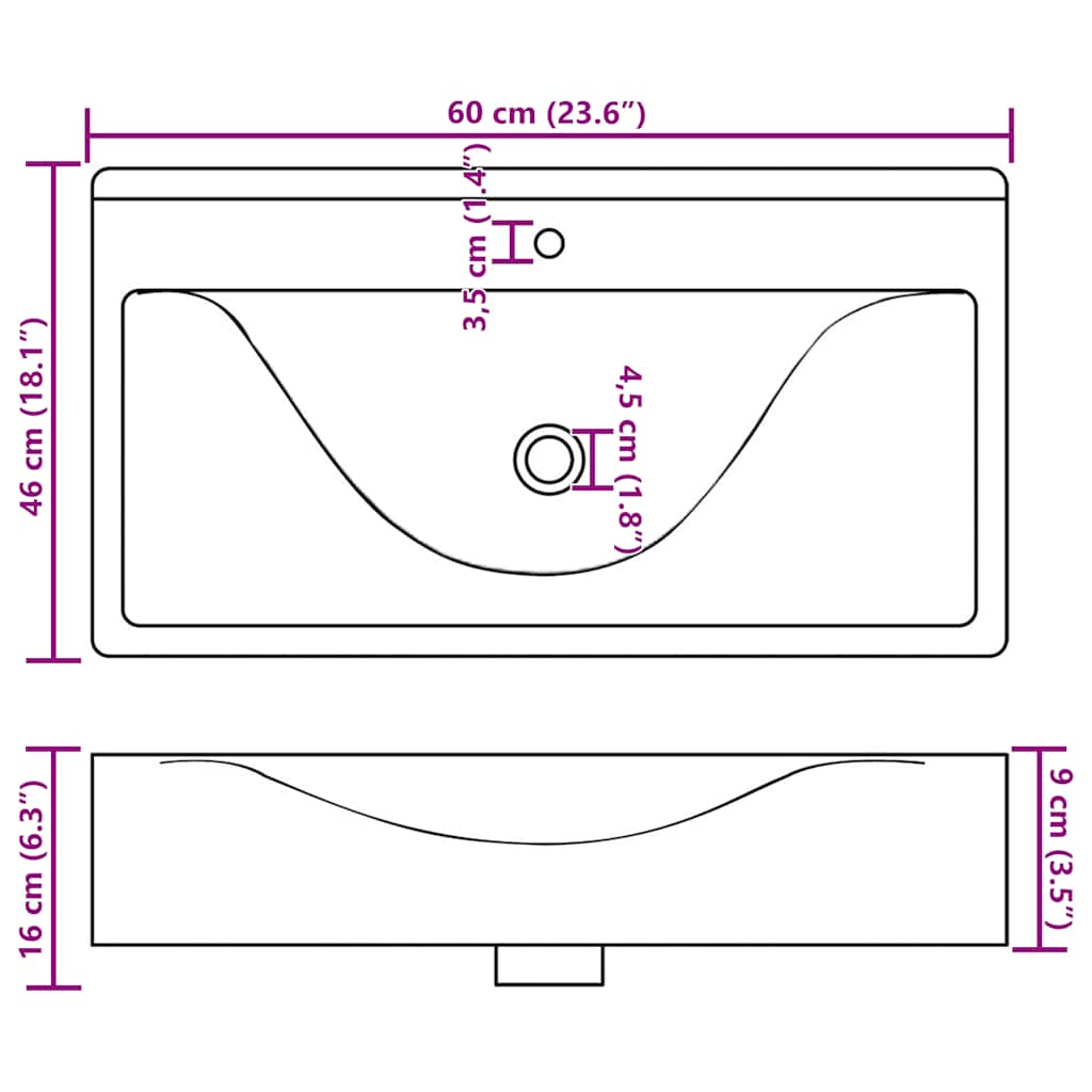 Rectangular Ceramic Basin Sink White with Faucet Hole 60x46 cm