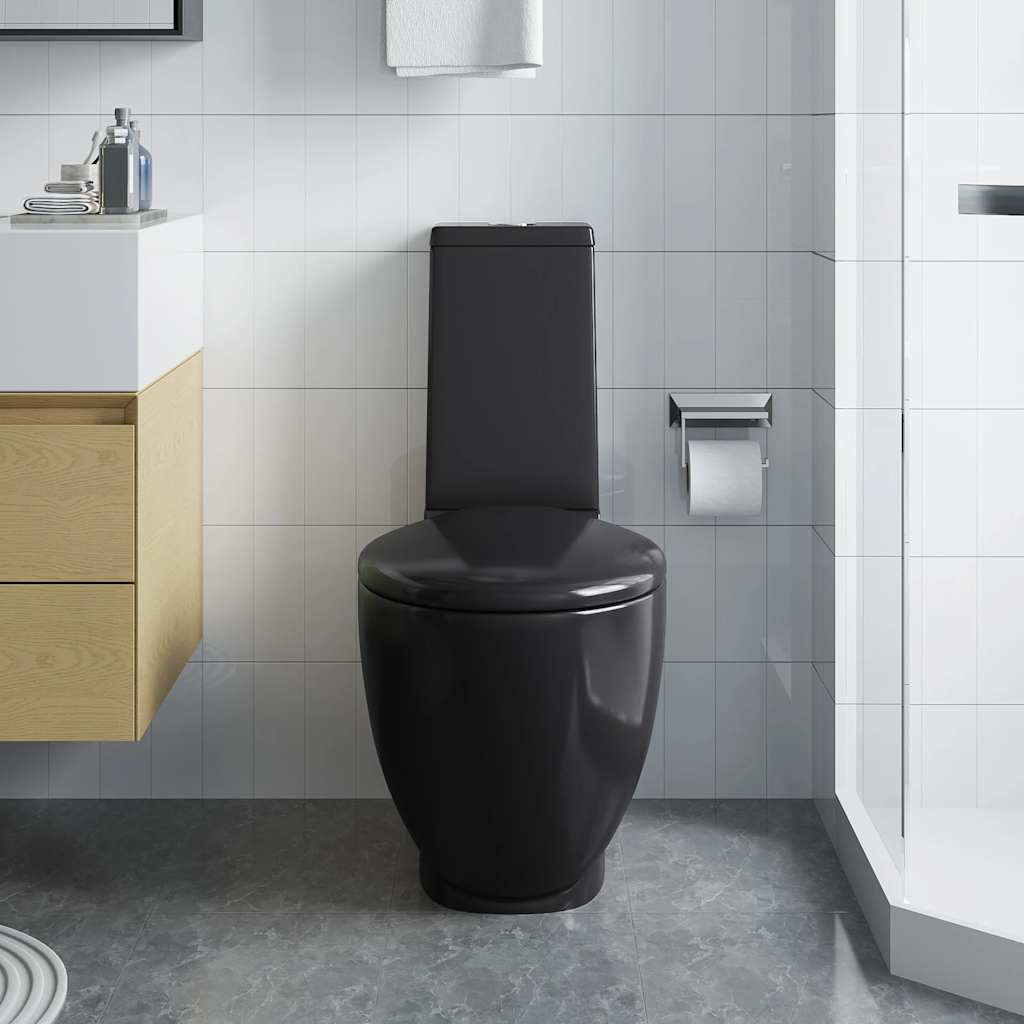 141136 vidaXL WC Ceramic Toilet Bathroom Round Toilet Bottom Water Flow Black